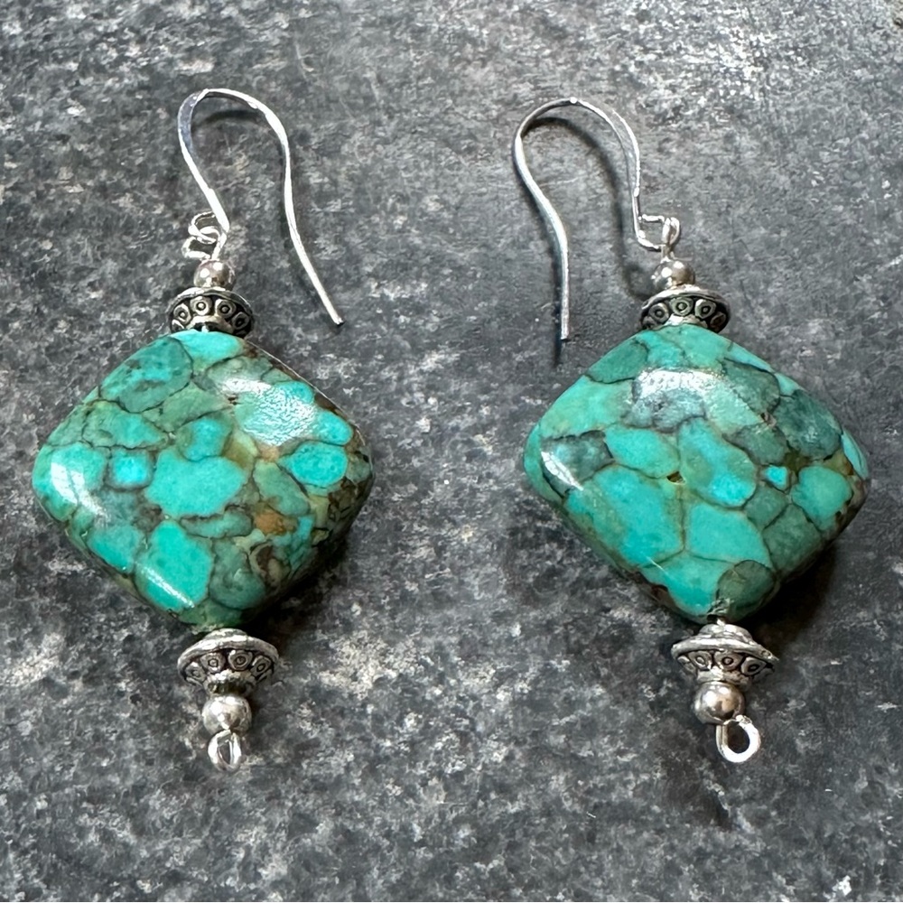 Turquoise and mixed metal dangle earrings, new silver plated earring wires.